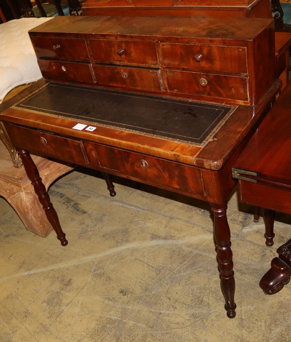 A mid 19th century French mahogany desk, with pull-out leather inset writing surface, W.98cm, D.49cm, H.97cm